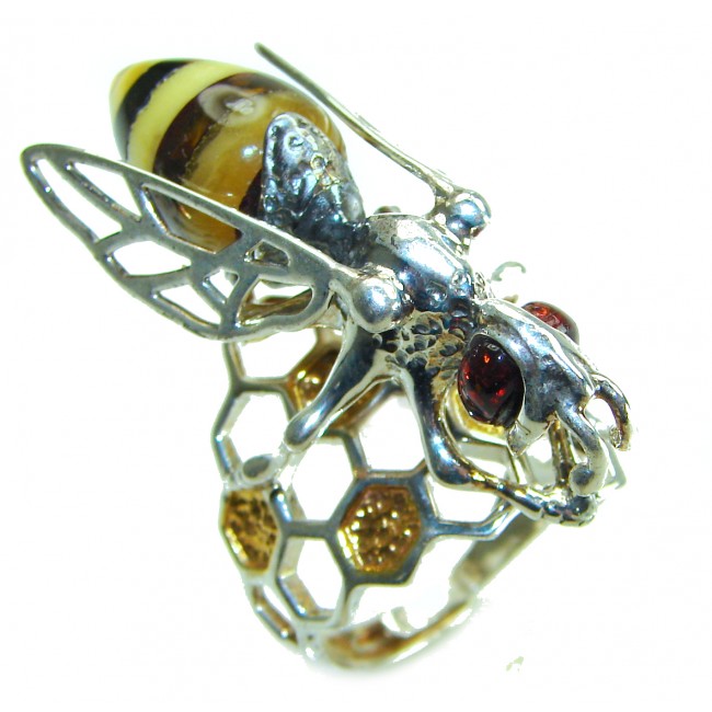 Masterpiece Honey Bee Baltic Polish Amber .925 Sterling Silver handcrafted HUGE ring; s 8 adjustable