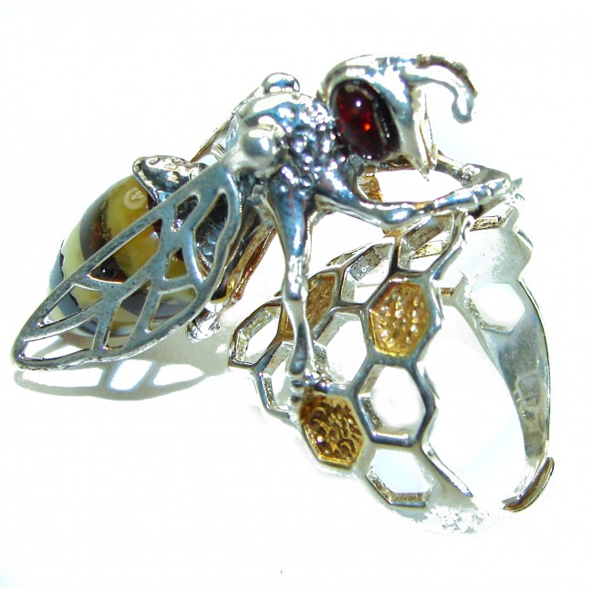 Masterpiece Honey Bee Baltic Polish Amber .925 Sterling Silver handcrafted HUGE ring; s 8 adjustable