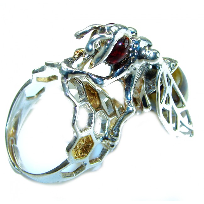 Masterpiece Honey Bee Baltic Polish Amber .925 Sterling Silver handcrafted HUGE ring; s 8 adjustable