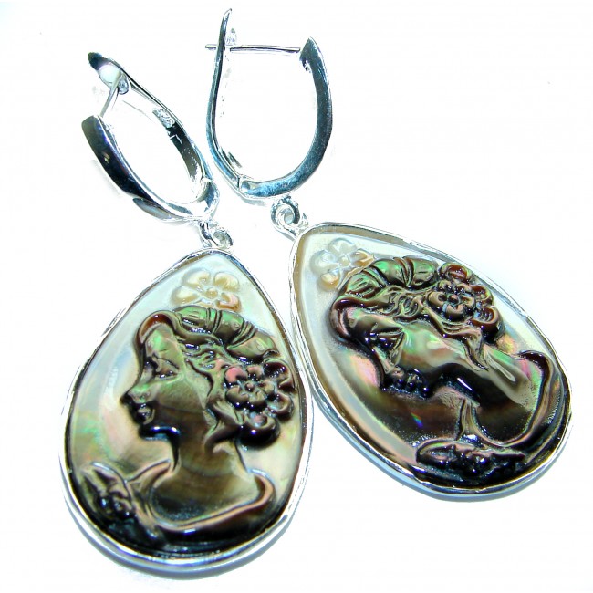 Vintage design Genuine Cameo Rainbow Abalone .925 Sterling Silver handcrafted Large Statement Earrings