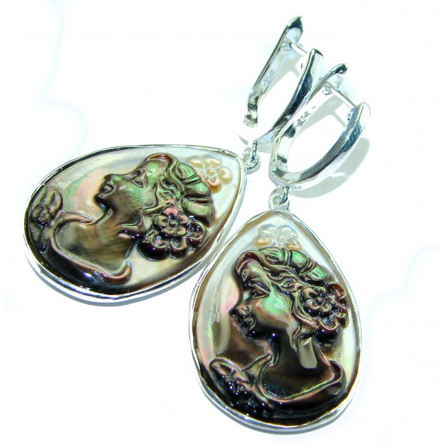 Vintage design Genuine Cameo Rainbow Abalone .925 Sterling Silver handcrafted Large Statement Earrings