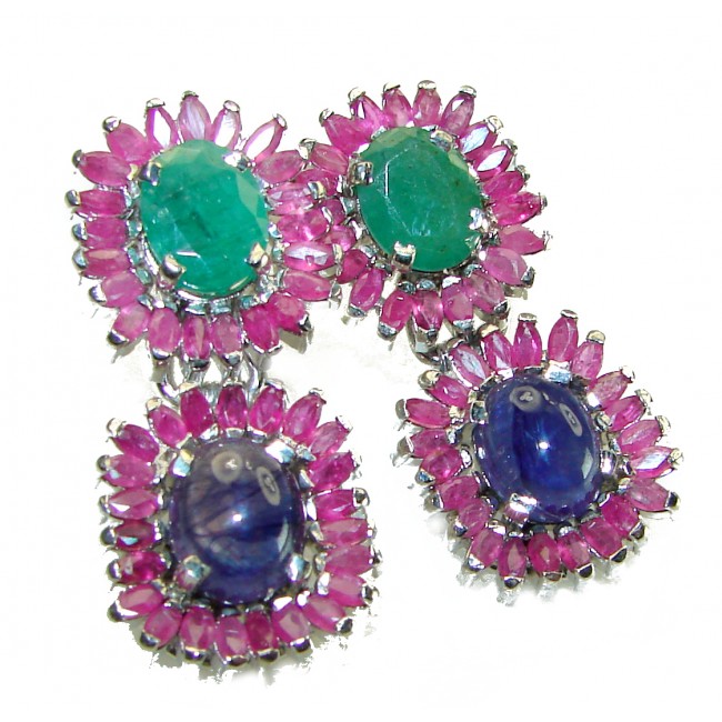 Anastasia - Precious Genuine 18.4 carat Ruby Emerald Sapphire .925 Sterling Silver handmade earrings