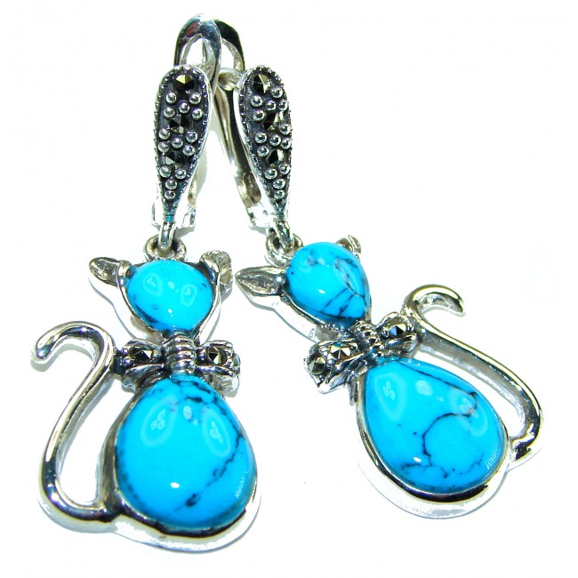 Spectacular Blue Cats inlay Turquoise .925 Sterling Silver handcrafted Earrings