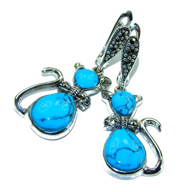 Spectacular Blue Cats inlay Turquoise .925 Sterling Silver handcrafted Earrings