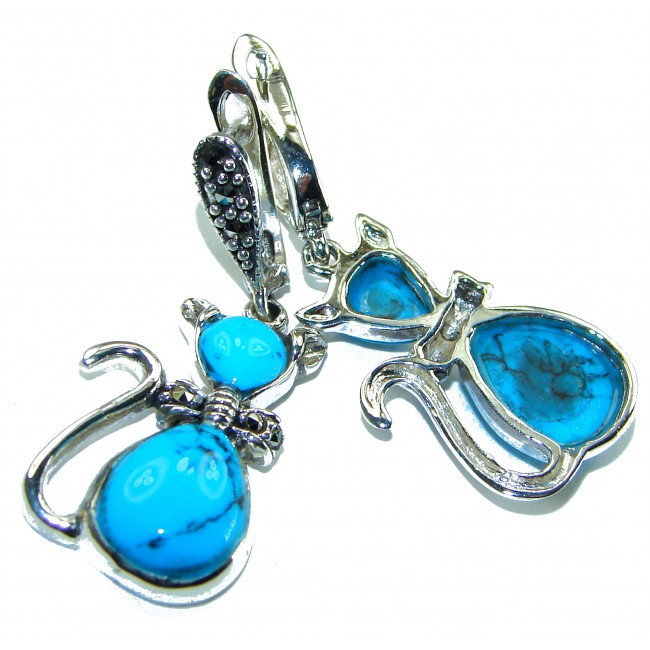 Spectacular Blue Cats inlay Turquoise .925 Sterling Silver handcrafted Earrings