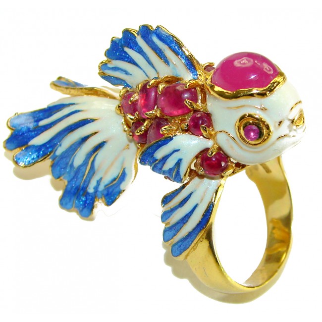 Lucky Fish Enamel Ruby 18K Gold over .925 Sterling Silver Huge handcrafted Ring s. 8 1/4