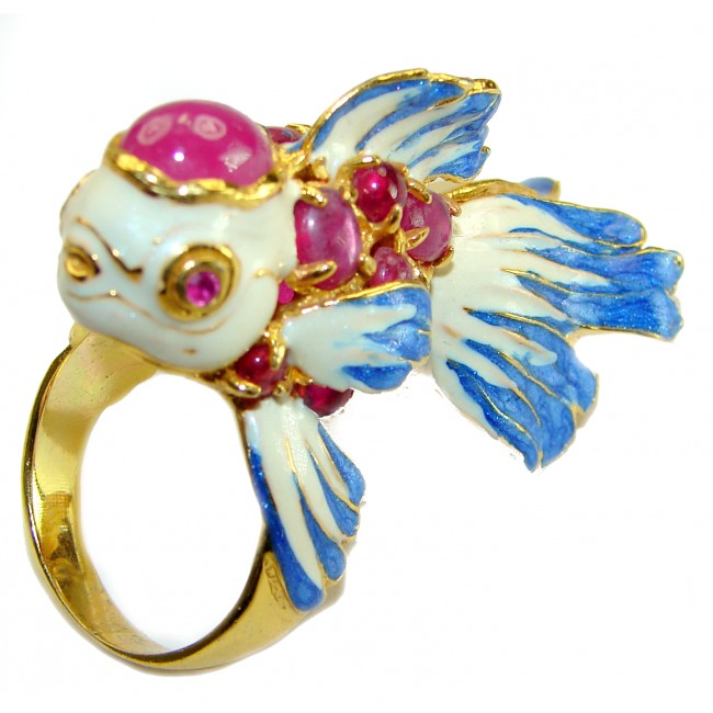 Lucky Fish Enamel Ruby 18K Gold over .925 Sterling Silver Huge handcrafted Ring s. 8 1/4