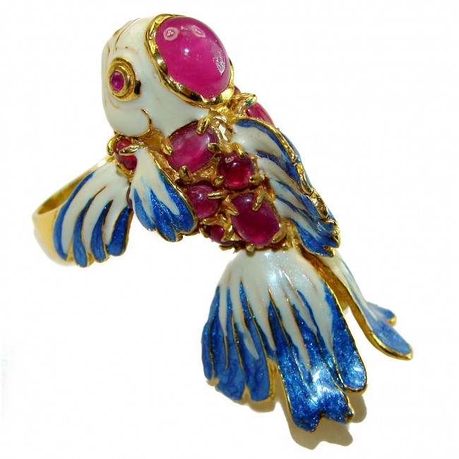 Lucky Fish Enamel Ruby 18K Gold over .925 Sterling Silver Huge handcrafted Ring s. 8 1/4