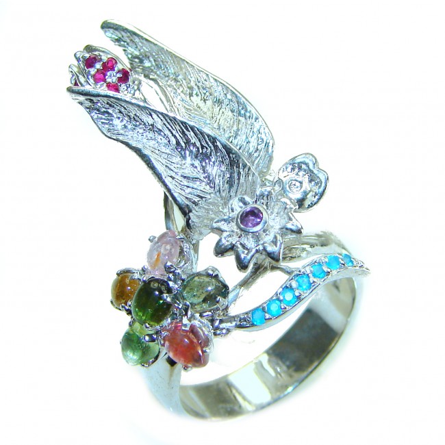 Brazilian Flower Beauty Watermelon Tourmaline .925 Sterling Silver handcrafted Ring size 8 1/4