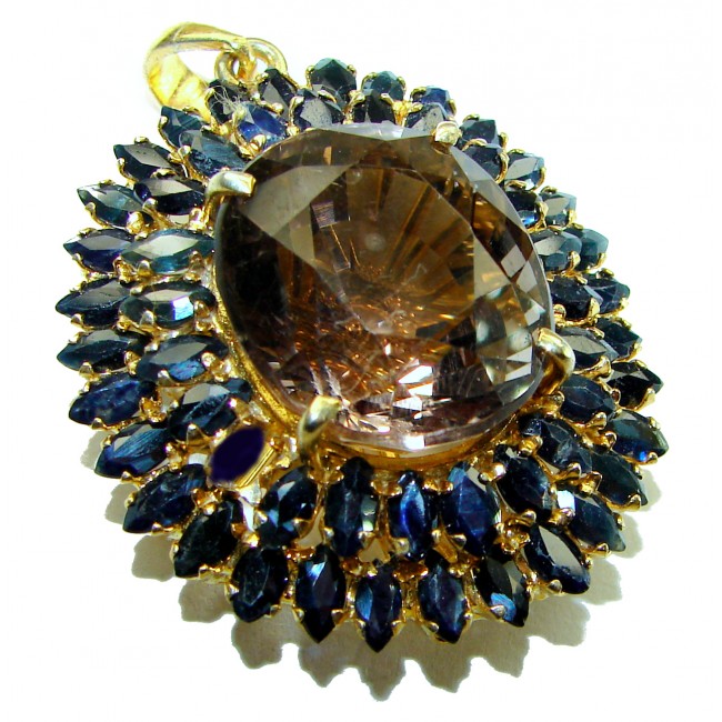 Luxurious 48.5 carat Fancy Smoky Topaz Sapphire 14K Gold over .925 Sterling Silver handmade Large Pendant