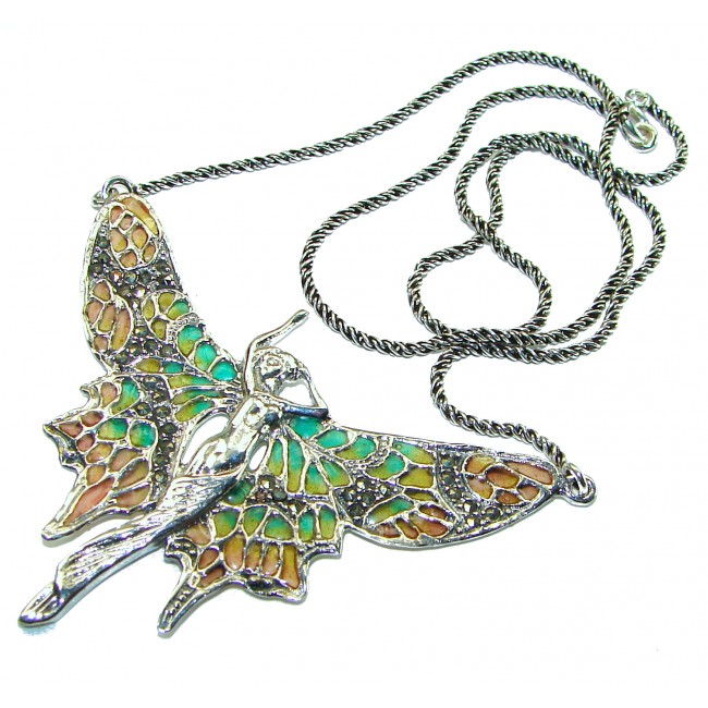 Awesome Flying Fairy Natural Enamel .925 Silver handcrafted Necklace