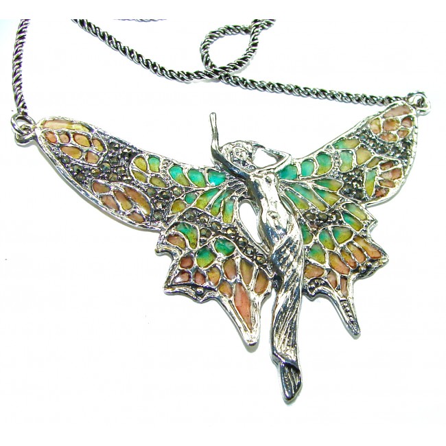 Awesome Flying Fairy Natural Enamel .925 Silver handcrafted Necklace