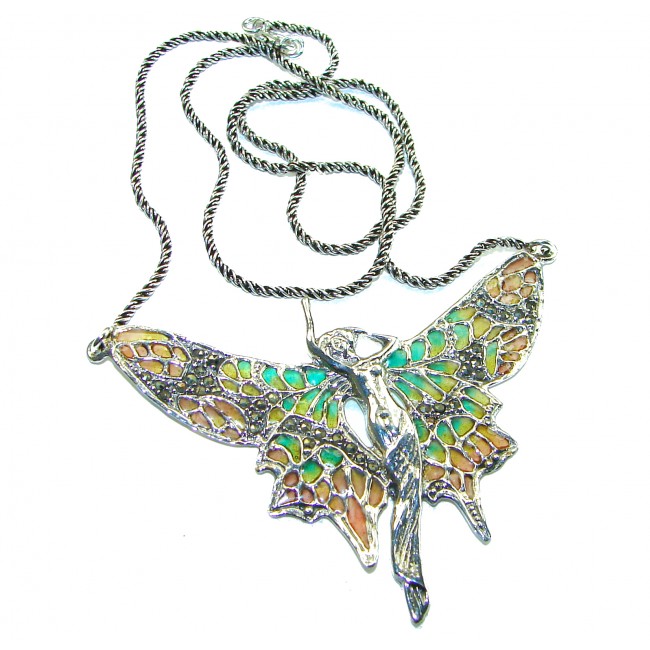 Awesome Flying Fairy Natural Enamel .925 Silver handcrafted Necklace