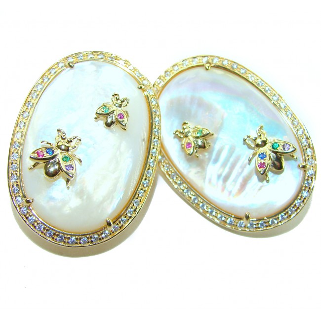 Genuine Blister Pearl lab grown Diamond 18K Gold over .925 Sterling Silver handcrafted Large Statement Earrings