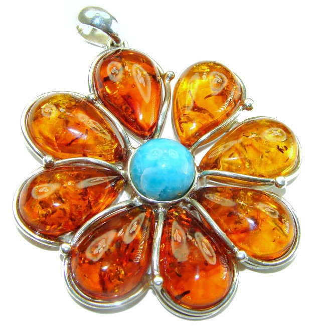 Big Golden Flower Natural Baltic Amber Turquoise .925 Sterling Silver handmade Pendant