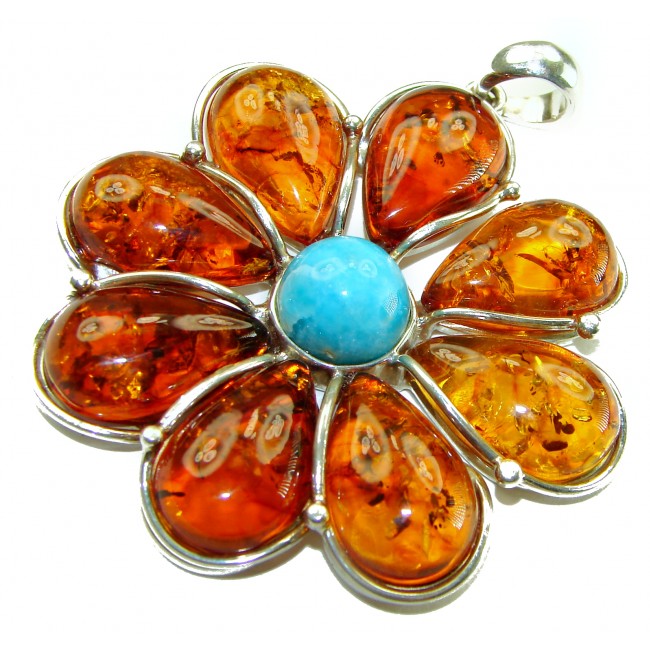 Big Golden Flower Natural Baltic Amber Turquoise .925 Sterling Silver handmade Pendant