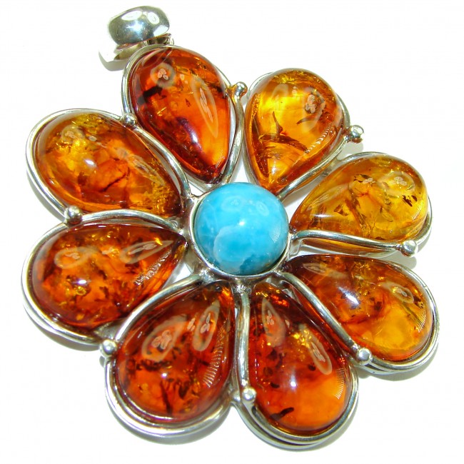 Big Golden Flower Natural Baltic Amber Turquoise .925 Sterling Silver handmade Pendant