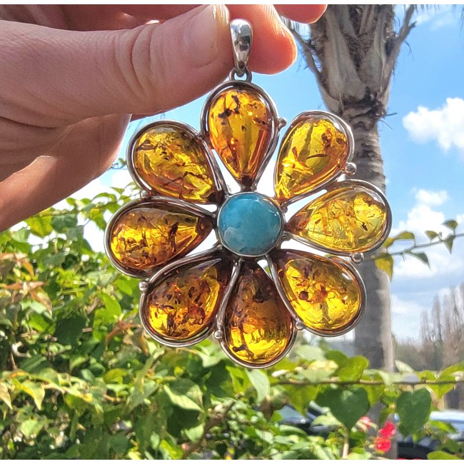 Big Golden Flower Natural Baltic Amber Turquoise .925 Sterling Silver handmade Pendant