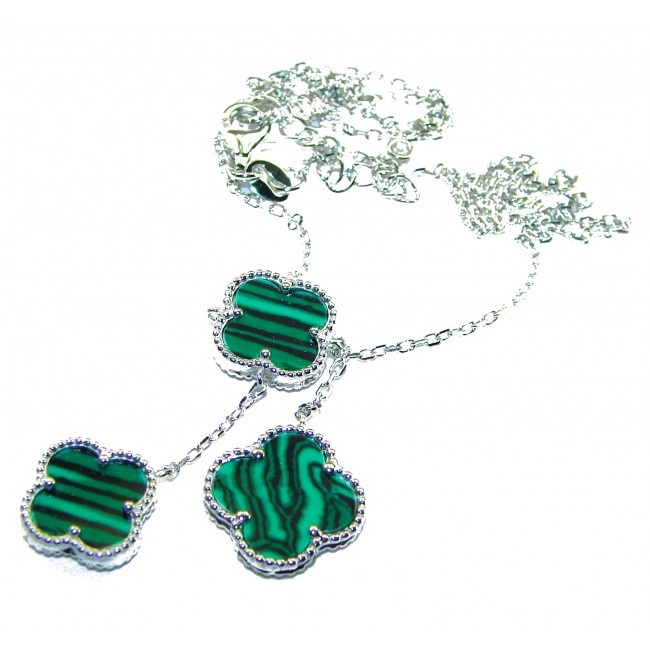 Outstanding inlay authentic Malachite Lucky Four Leaf Clover .925 Sterling Silver necklace