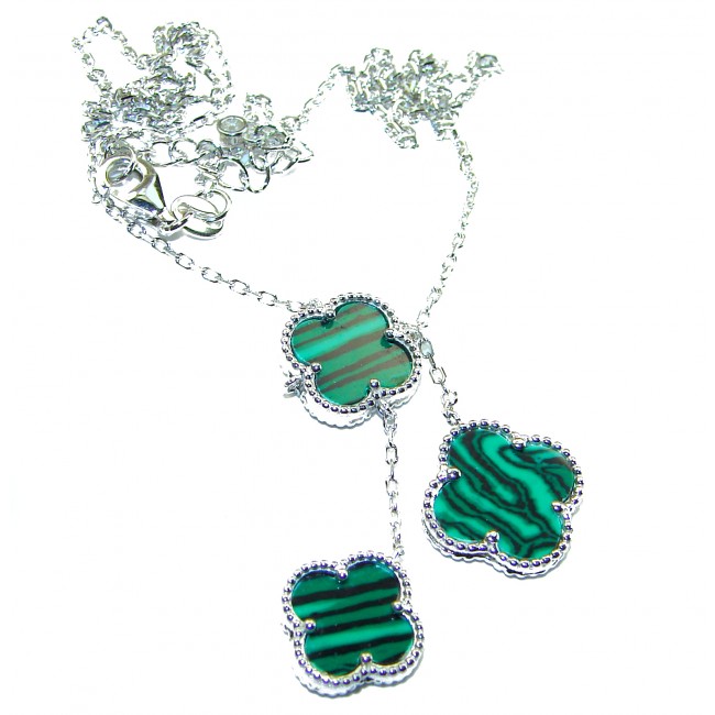 Outstanding inlay authentic Malachite Lucky Four Leaf Clover .925 Sterling Silver necklace