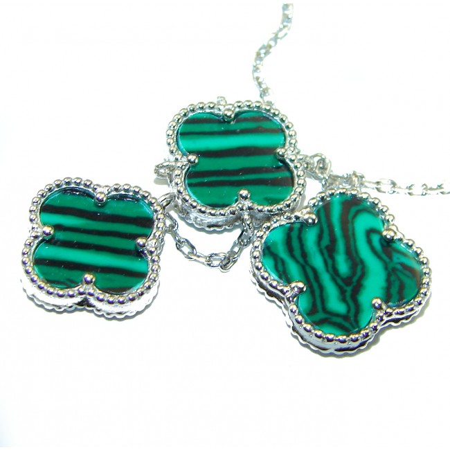 Outstanding inlay authentic Malachite Lucky Four Leaf Clover .925 Sterling Silver necklace