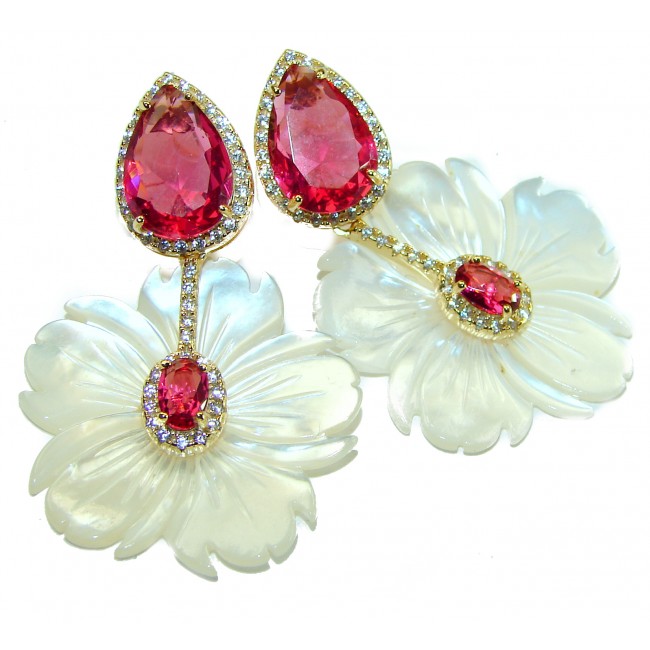 Summer Flowers Blister Pearl Red Topaz 14K Gold over .925 Sterling Silver handcrafted Earrings