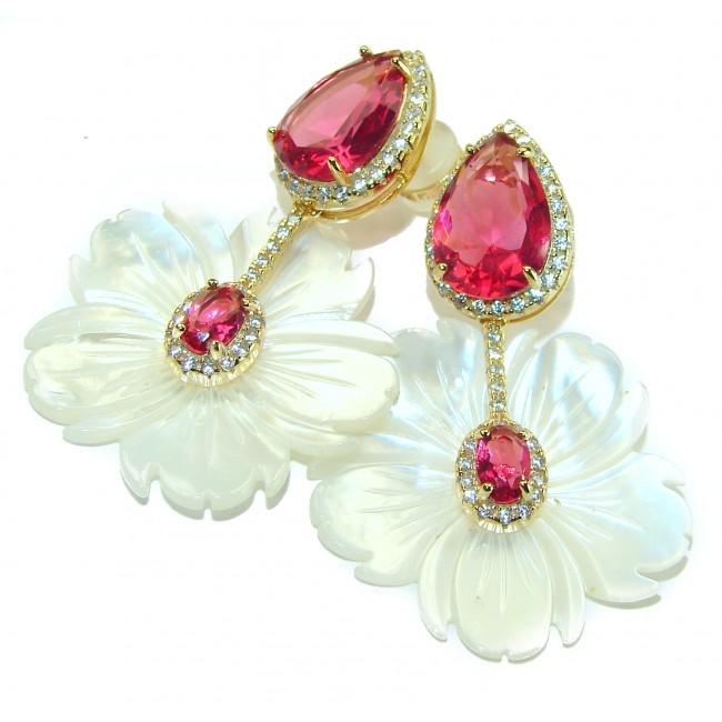 Summer Flowers Blister Pearl Red Topaz 14K Gold over .925 Sterling Silver handcrafted Earrings