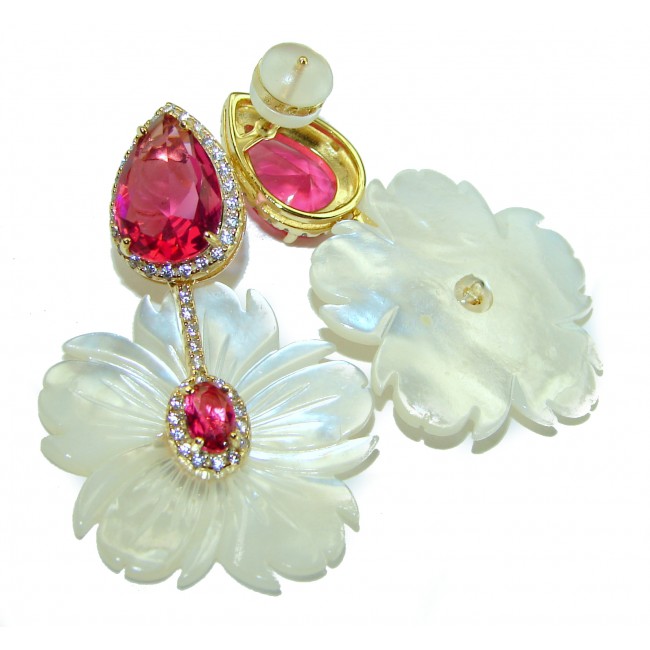 Summer Flowers Blister Pearl Red Topaz 14K Gold over .925 Sterling Silver handcrafted Earrings