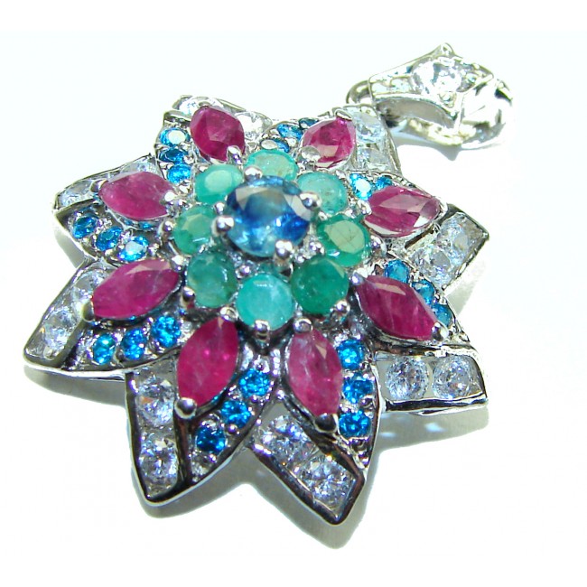 Precious Genuine 10.5 carat Emerald Ruby Sapphire .925 Sterling Silver handmade Pendant