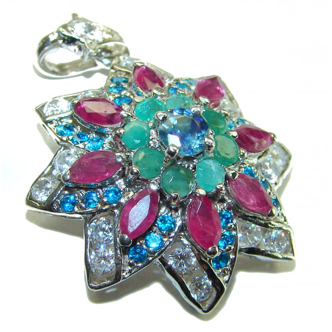 Precious Genuine 10.5 carat Emerald Ruby Sapphire .925 Sterling Silver handmade Pendant