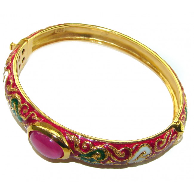 Truly Spectacular authentic 8.5 carat Ruby Enamel 14K Gold over .925 Sterling Silver handmade bangle Bracelet