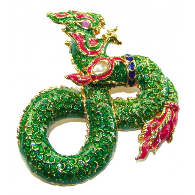 INCREDIBLE Natural Ruby Enamel Dragon 18K Gold over .925 Sterling Silver handcrafted Pendant