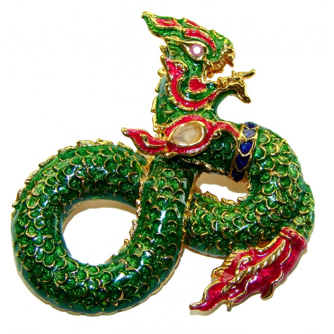 INCREDIBLE Natural Ruby Enamel Dragon 18K Gold over .925 Sterling Silver handcrafted Pendant