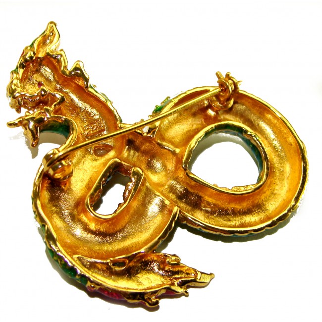 INCREDIBLE Natural Ruby Enamel Dragon 18K Gold over .925 Sterling Silver handcrafted Pendant