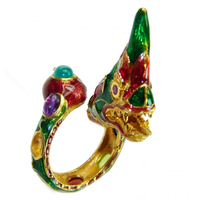 Dragon - symbolizes supernatural power- Enamel Ruby 18K Gold over .925 Sterling Silver Huge handcrafted Ring s. 9