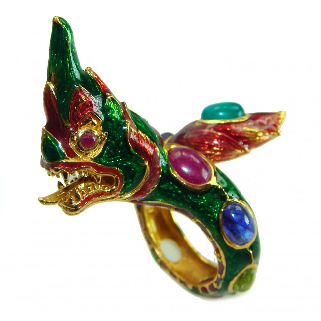 Dragon - symbolizes supernatural power- Enamel Ruby 18K Gold over .925 Sterling Silver Huge handcrafted Ring s. 9