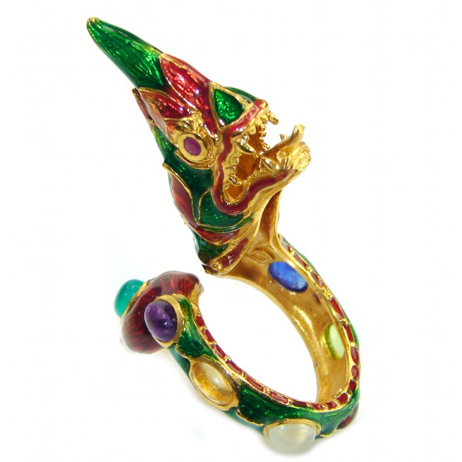 Dragon - symbolizes supernatural power- Enamel Ruby 18K Gold over .925 Sterling Silver Huge handcrafted Ring s. 9