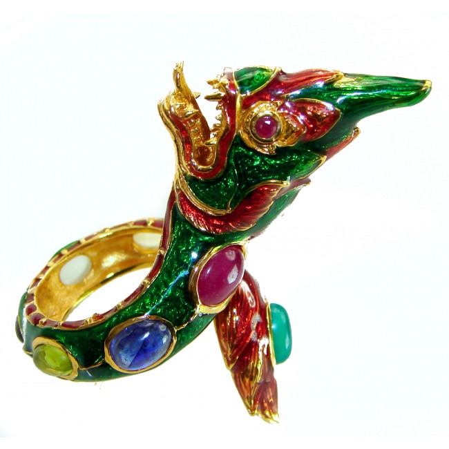 Dragon - symbolizes supernatural power- Enamel Ruby 18K Gold over .925 Sterling Silver Huge handcrafted Ring s. 9