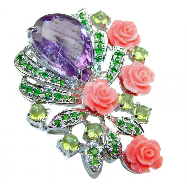 Rose Garden - Vintage Design - 11.2 carat Amethyst .925 Sterling Silver handcrafted Pendant & Brooch