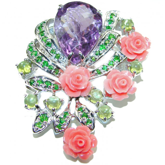 Rose Garden - Vintage Design - 11.2 carat Amethyst .925 Sterling Silver handcrafted Pendant & Brooch