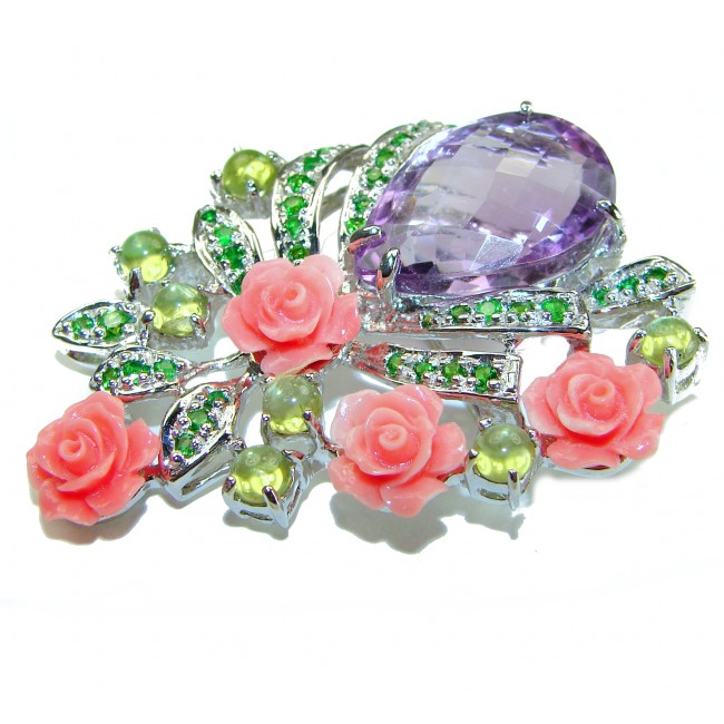 Rose Garden - Vintage Design - 11.2 carat Amethyst .925 Sterling Silver handcrafted Pendant & Brooch