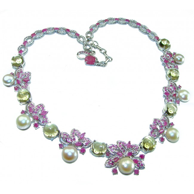 Baroque style natural 145.8 carat Pearls Ruby Citrine .925 Sterling Silver handcrafted Necklace