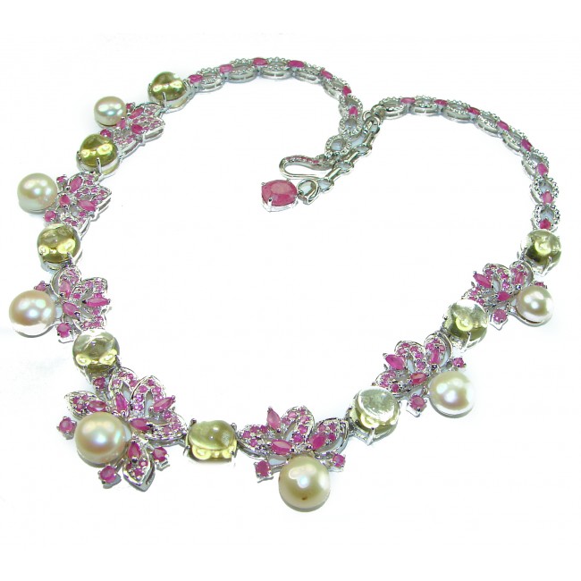 Baroque style natural 145.8 carat Pearls Ruby Citrine .925 Sterling Silver handcrafted Necklace