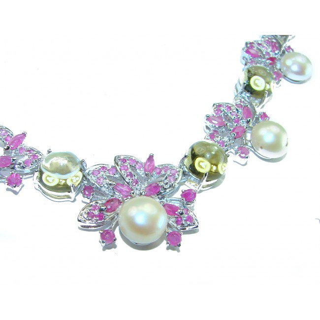 Baroque style natural 145.8 carat Pearls Ruby Citrine .925 Sterling Silver handcrafted Necklace