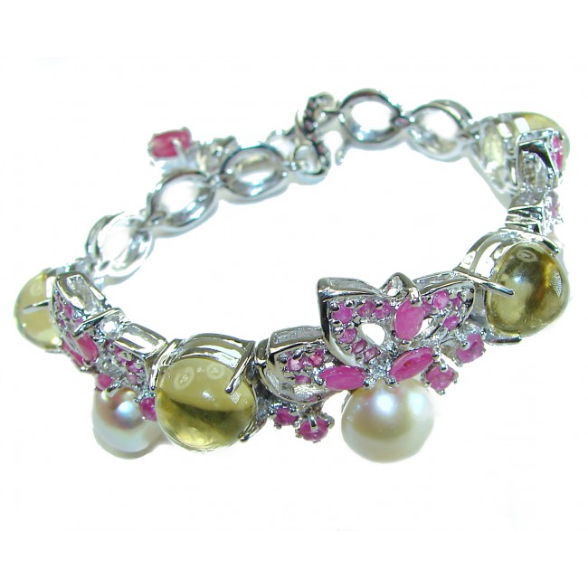 Baroque style natural 55.8 carat Pearls Ruby Citrine .925 Sterling Silver handcrafted Bracelet