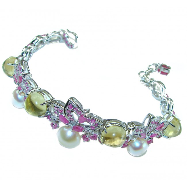 Baroque style natural 55.8 carat Pearls Ruby Citrine .925 Sterling Silver handcrafted Bracelet