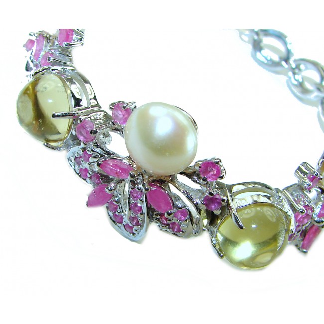 Baroque style natural 55.8 carat Pearls Ruby Citrine .925 Sterling Silver handcrafted Bracelet