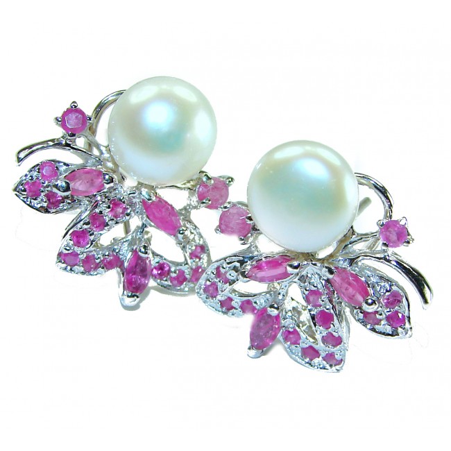 Baroque style natural 15.8 carat Pearls Ruby .925 Sterling Silver handcrafted Earrings