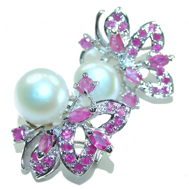 Baroque style natural 15.8 carat Pearls Ruby .925 Sterling Silver handcrafted Earrings