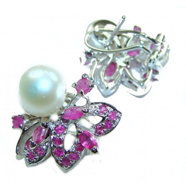 Baroque style natural 15.8 carat Pearls Ruby .925 Sterling Silver handcrafted Earrings